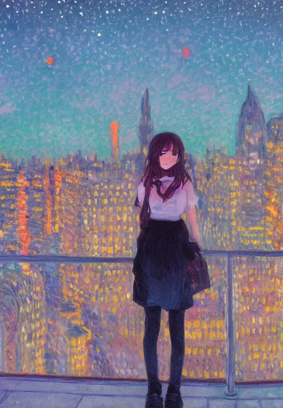 Image similar to wide angle portrait of a teenage girl, a thrifty outfit, very anime in impressionist style, city street view background, starlit night sky, trending artwork, anime painter studio, by claude monet