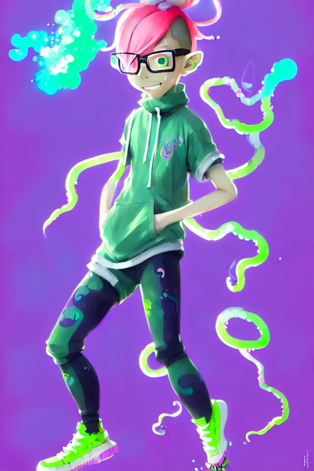 Prompt: a beautiful fullbody portrait of a cute splatoon anime boy with pink hair and green eyes wearing sports clothing tight leggings. character design by cory loftis, fenghua zhong, ryohei hase, ismail inceoglu and ruan jia. artstation, volumetric light, detailed, photorealistic, fantasy, rendered in octane