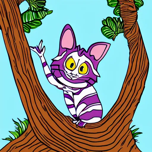 Prompt: the Cheshire cat from Alice in Wonderland sitting on a tree branch, huge head tiny body, vector graphics with clean lines