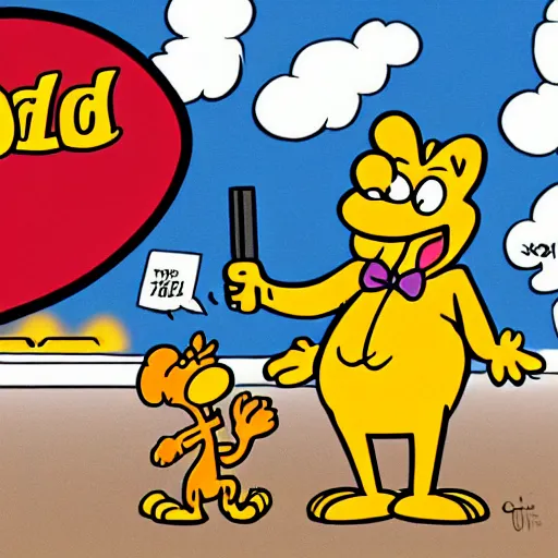 Image similar to garfield points a gun at odie, illustrated by jim davis
