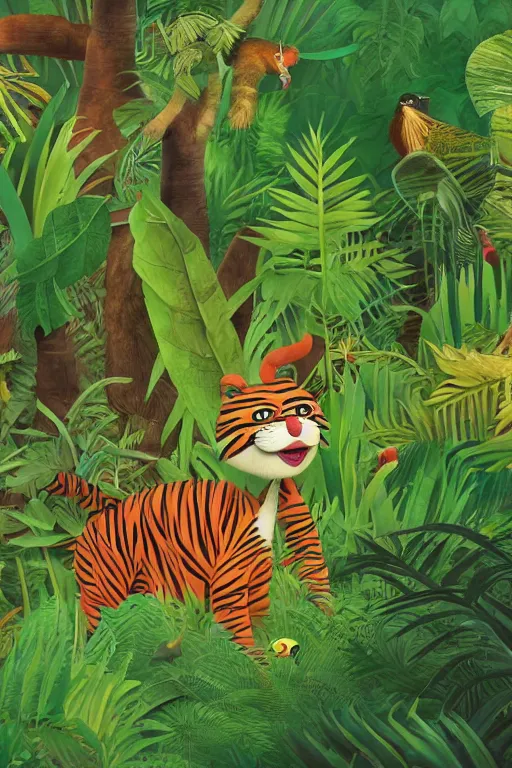 Prompt: rare bird in the jungle, hyper detailed, unreal engine render concept art, horizontal glitch, dark green, style of henri rousseau and richard scarry and hiroshi yoshida