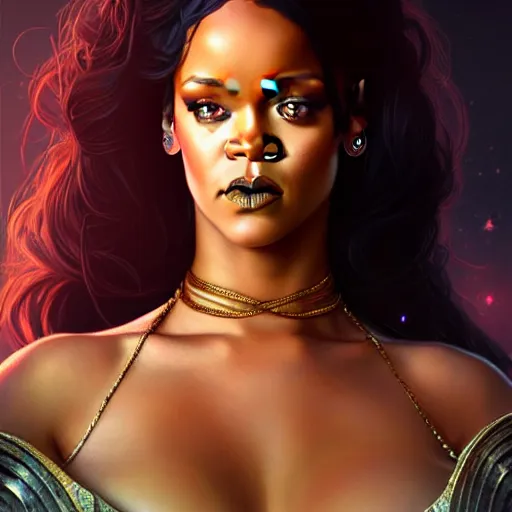 Image similar to Rihanna as a fantasy magic woman portrait, sci-fi, amber eyes, face, long hair, fantasy, intricate, elegant, highly detailed, digital painting, artstation, concept art, smooth, sharp focus, illustration, art by artgerm and greg rutkowski and alphonse mucha