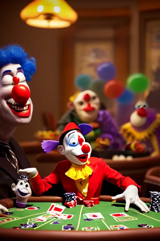 Image similar to pixar clown sitting at a poker table with serious people, clown is screaming, angry | glamorous oily soft polished rich ornate modern | weta disney pixar movie still photo | hi - fructose, sci fi fantasy, smooth, octane render, sharp focus, artstation, concept art | artgerm, mucha, rutkowski, feng zhu, wlop, loish