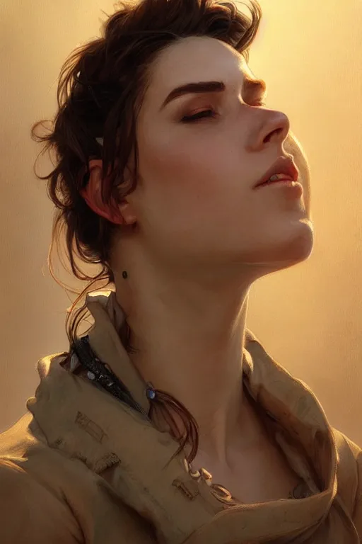 Image similar to photorealistic portrait of a young butch cowgirl woman, handsome, female, masculine, upper body, fantasy, fierce, sharp features, intricate, elegant, highly detailed, digital painting, artstation, concept art, matte, sharp focus, illustration, art by artgerm and greg rutkowski and alphonse mucha