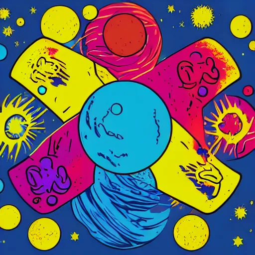 Image similar to 2 planet collapse particle fusion element macro cosmic art by butcher billy, sticker, colorful, illustration, highly detailed, simple, smooth and clean vector curves, no jagged lines, vector art, smooth andy warhol style