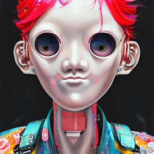 Image similar to a mannequin with a red hair and a smiley face, cyberpunk art by hikari shimoda, featured on cgsociety, pop surrealism, anime aesthetic, high detailed, detailed painting