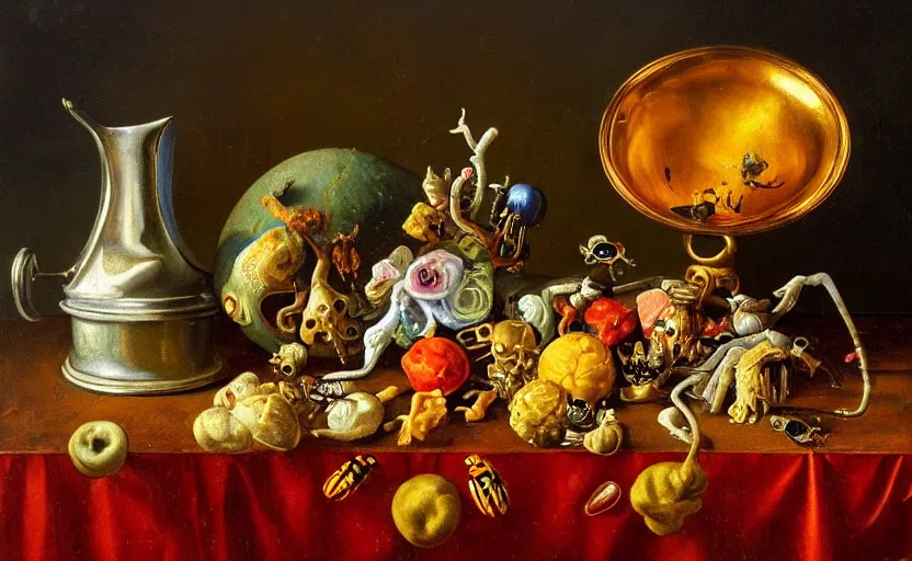 Image similar to disturbing colorful oil painting dutch golden age vanitas still life with bizarre objects strange gooey surfaces shiny metal bizarre insects rachel ruysch dali todd schorr very detailed perfect composition rule of thirds masterpiece canon 5 0 mm, cinematic lighting, photography, retro, film, kodachrome