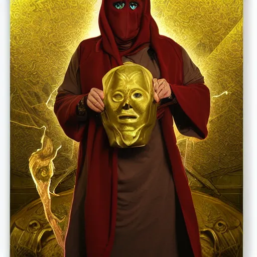 Image similar to the veiled arcanist prophet as a man with a golden cultist mask in bloodsoaked land by greg rutowski