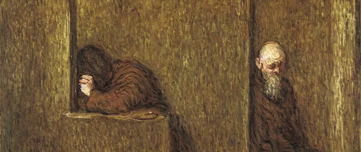 Image similar to a medieval monk very drunk and depressed in his cell; a painting by Claude Monet