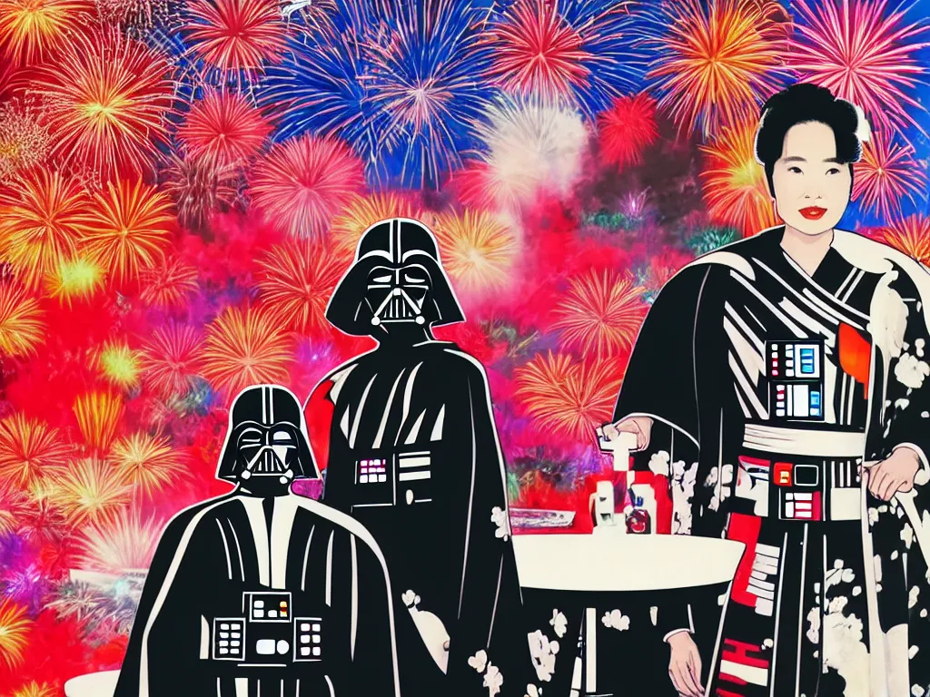 Image similar to hyperrealistic composition, in the middle the woman in a japanese kimono, behind her stands the darth vader, in front of her a table from the casino, in the background is ( ( mount fuji ) ) and fireworks, pop - art style, jacky tsai style, andy warhol style, acrylic on canvas