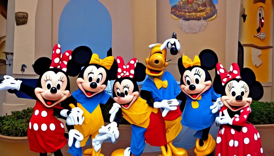 Image similar to disney characters at the last supper, mickey and minnie mouse, donald duck, goofy, pluto