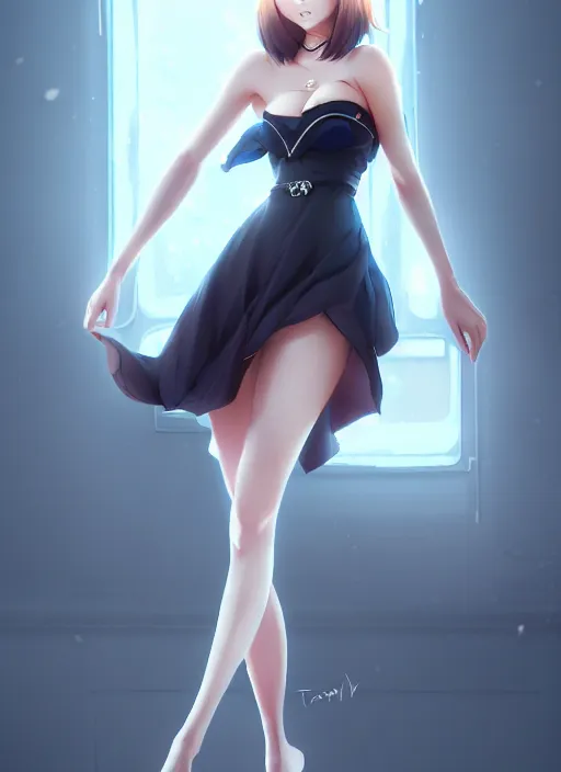 Image similar to beautiful fashion girl in japanese animation, strapless dress, character portrait in the style of thomas river and artgerm, wlop, cinematic lighting, hyperdetailed, 8 k realistic, symmetrical, global illumination, radiant light, halo, love and mercy, frostbite 3 engine, cryengine, dof, trending on artstation, digital art, chanel