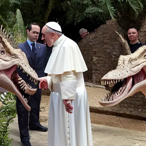 Image similar to pope Francis visits a dinosaur zoo and looks at a trex