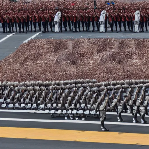 Image similar to a military parade doing goose steps while holding giant keyboards, 4 k photography