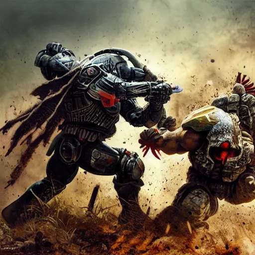 Image similar to The Predator fighting a Space Marine, intense combat, high detail, desolate landscape, trending, masterpiece, high resolution,