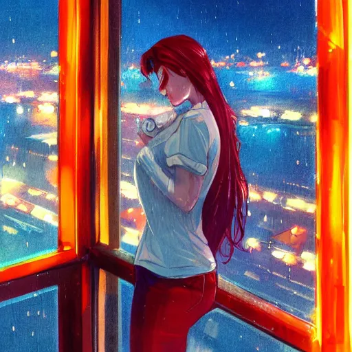 Prompt: a beautiful artwork of a woman with red hair in jeans and a white shirt smoking on the balcony of a hotel at night, top view, cinematic shot, rainy, neon and rainy theme atmosphere by Jerome Opeña, featured on artstation