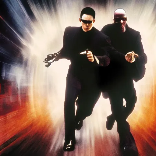 Image similar to Morpheus and Neo from The Matrix fighting the android from I, Robot, HD movie screenshot, promotional still, ultra high definition, detailed, 4k movie