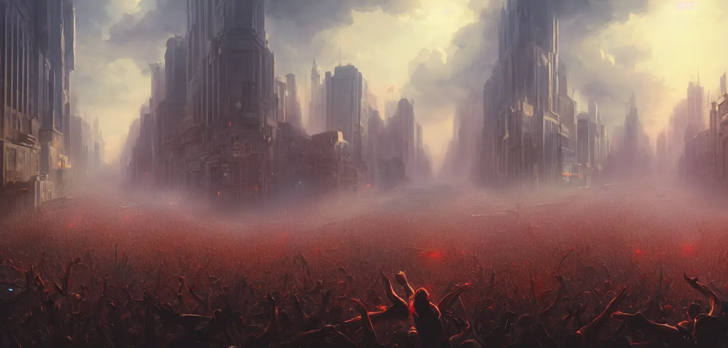 Image similar to painting of a crowd with raised arms pointing toward, demonstration in city, cinematic view, epic sky, detailed, concept art, low angle, high detail, warm lighting, volumetric, godrays, vivid, beautiful, trending on artstation, by jordan grimmer, huge scene, art greg rutkowski