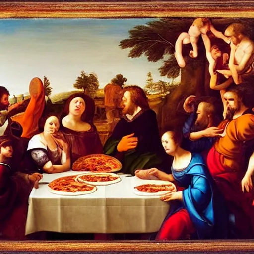 Prompt: renaissance painting of a group of people eating pizza