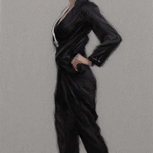 Image similar to Portrait of a woman by Greg Rutkowski, she is about 50 years old, japanese, black straight hair, attractive, elegant, airs of superiority, boss vibes, she is wearing white and black utilitarian jumpsuit, highly detailed portrait, scifi, digital painting, artstation, concept art, smooth, sharp foccus ilustration, Artstation HQ.