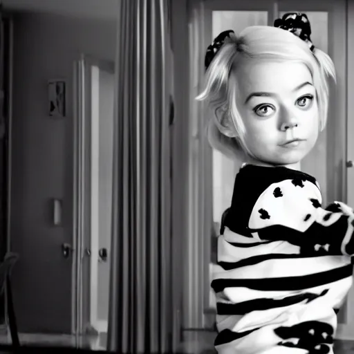 Prompt: toddler emma stone with black - and - white hair, like cruella haircut, in a room, cinematic, movie scene, vivid colors, detailed, 8 k