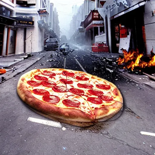 Prompt: a giant pizza ,big impact hit on the building, explode and chaos, Holywood scene, full color, broken cars,scary picture, convincing