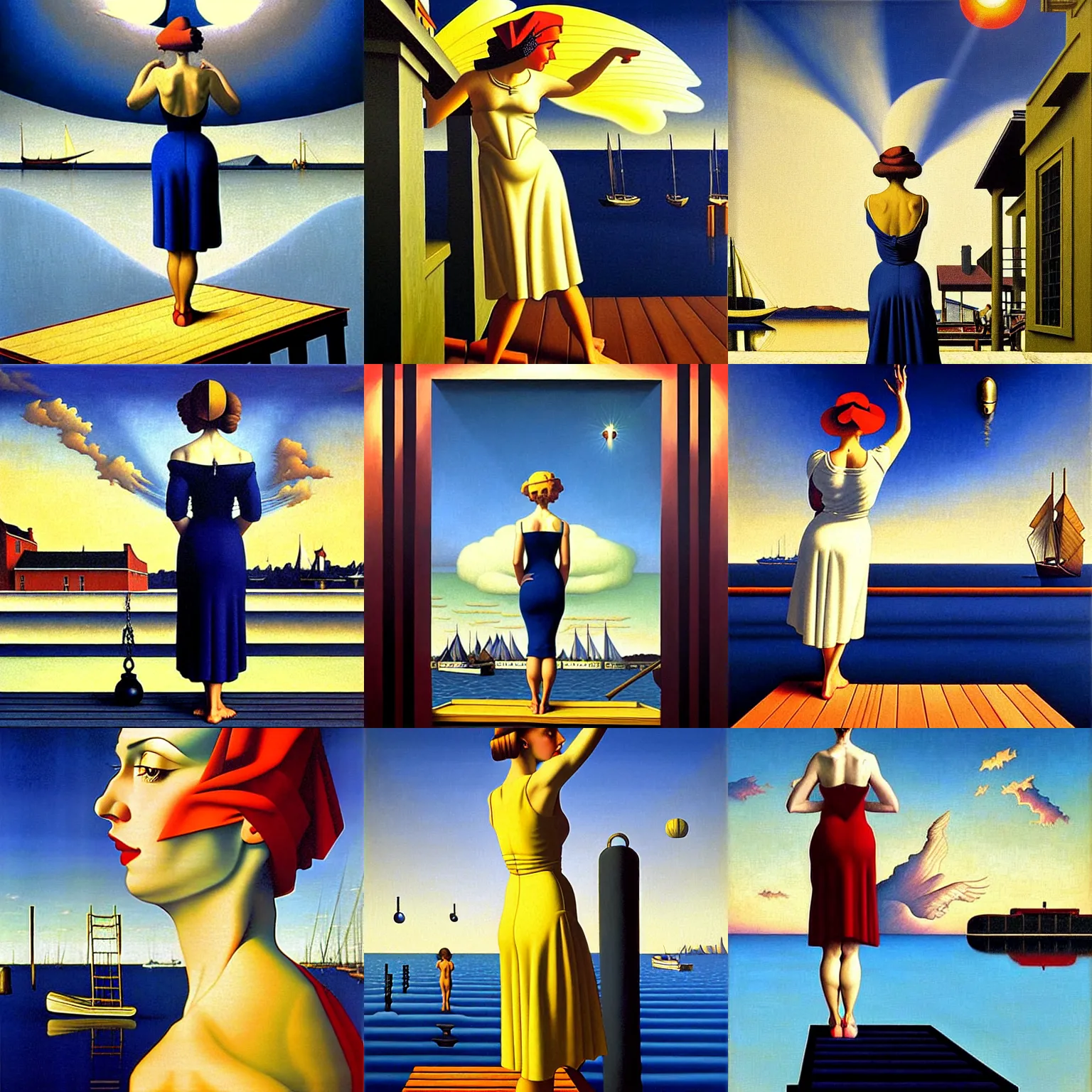 Prompt: an art deco painting of a woman standing on a dock by rafal olbinski and rob gonsalves and norman rockwell and johannes vermeer, hyperrealism, precisionism, art deco, surrealist, chiaroscuro, sunburst behind woman, highly detailed