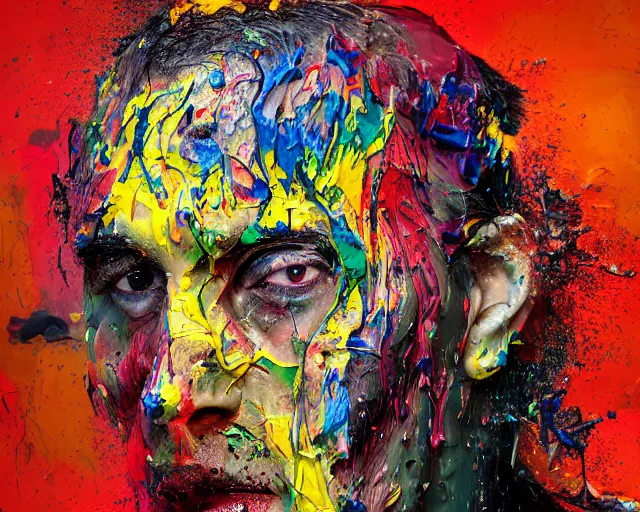 Image similar to abstract expressionist portrait of a head made of very thick impasto paint and acrylic pour and coloured powder explosion and splashing paint and dripping paint and flying paint chunks, eyes closed or not visible, expressing strong emotions, art by antony micallef, motion blur, hyperrealistic, intricate art photography, anatomically correct, realistic crisp textures, 1 6 k