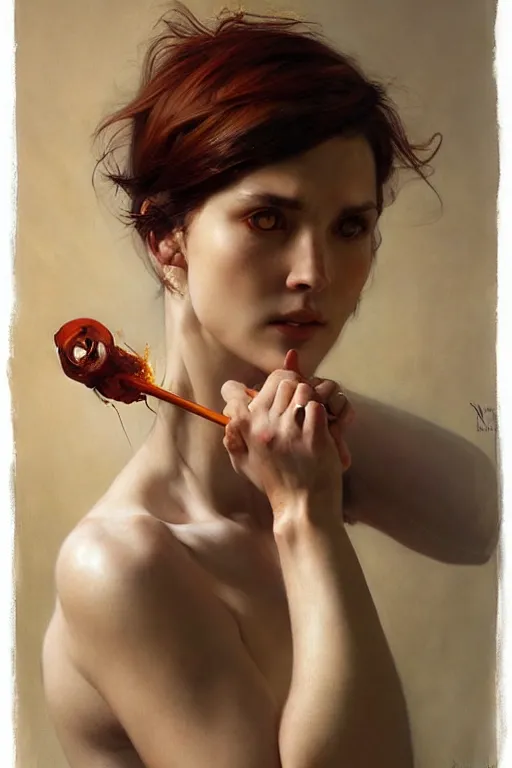 Prompt: hyper realistic painting portrait of fire by stjepan sejic, norman rockwell, michael hussar, roberto ferri and ruan jia, john william waterhouse, godward, david kassan