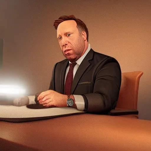 Image similar to hyperrealistic mixed media image of info wars alex jones at desk wearing hat, stunning 3 d render inspired art by xiang duan and thomas eakes and greg rutkowski, perfect facial symmetry, hyper realistic texture, realistic, highly detailed attributes and atmosphere, dim volumetric cinematic lighting, 8 k octane detailed render, post - processing, masterpiece,