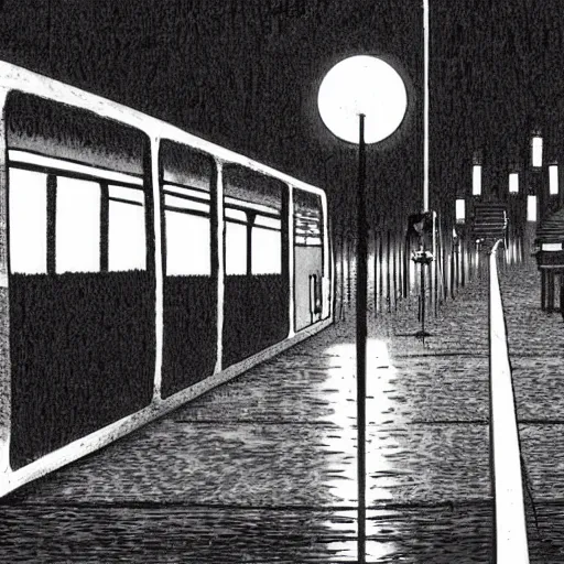 Image similar to dark city bus stop, by junji ito,black and white, very detailed, ArtStation