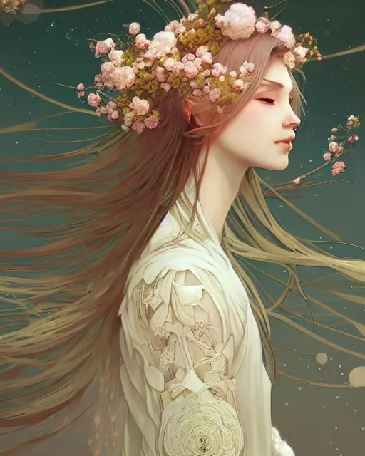 Image similar to Ethereal Floralpunk elysian Maiden of radiant light wearing ivory dress made of stardust masterpiece digital illustration by Ruan Jia and Ilya Kuvshinov, award winning, Artstation, art nouveau aesthetic, Alphonse Mucha background, intricate details, realistic, full view, Hyperdetailed, 8k resolution, Artstation, behance