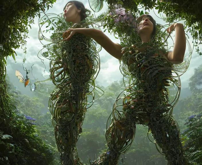 Image similar to transparent clear see - through image of twisting robots, lush botany, floral environment, ultra realistic, concept art, minimalism, photorealistic, octane render, 8 k, unreal engine. art by gustave dore and nori inoguchi and sam kaplan and zachary goulko and christopher marley and artgerm and alphonse mucha