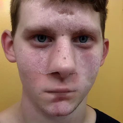 Image similar to a caucasian man with the most acne in the world. acne on face, acne on body, huge zits all over body, desperate, depression, dark mood, hate life, puss zits, pimples