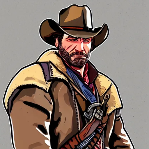 Image similar to Arthur Morgan from Red Dead Redemption 2 drawn in the style of Borderlands