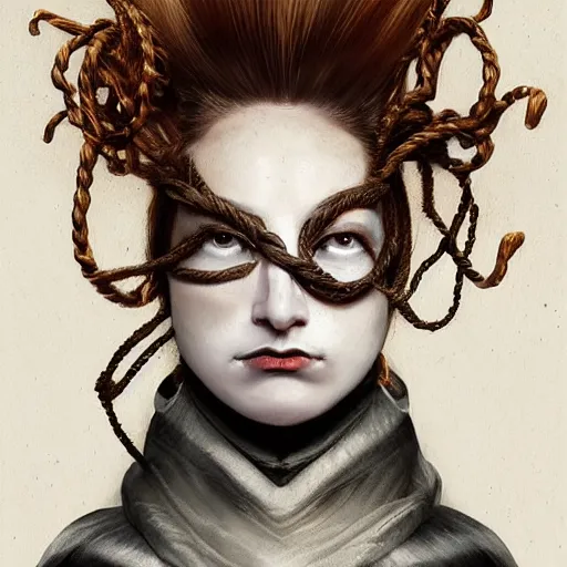 Image similar to portrait of a Shibari rope wrapped face and neck, headshot, insanely nice professional hair style, dramatic hair color, digital painting, of a old 15th century, old cyborg merchant, amber jewels, baroque, ornate clothing, scifi, realistic, hyperdetailed, chiaroscuro, concept art, art by Franz Hals and Jon Foster and Ayami Kojima and Amano and Karol Bak,