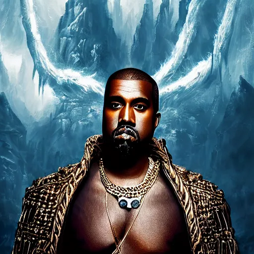 Image similar to Portrait of Kanye West as the god-emperor of mankind, amazing splashscreen artwork, splash art, natural light, elegant, intricate, fantasy, atmospheric lighting, cinematic, matte painting