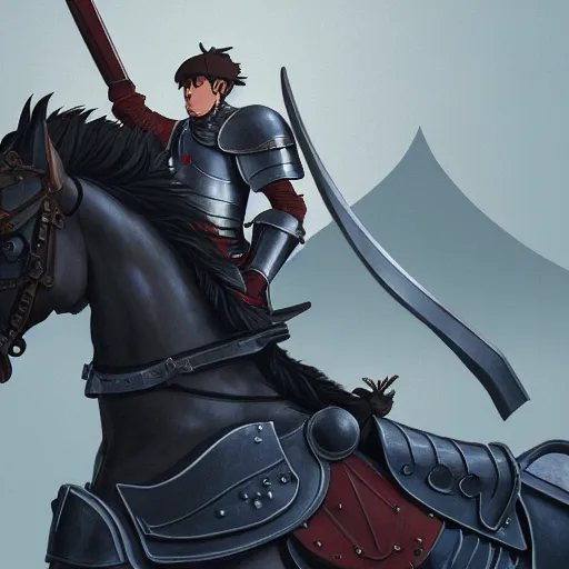 Image similar to illustration of a mounted knight, strong chest, wearing full plate armor, powerful black horse, artstation, detailed cartoon, elegant, digital painting, concept art, smooth, sharp focus, illustration, ghibli, makoto shinkai, don bluth, fujita goro, jean giraud, akihiko yoshida, tom whalen 8 k