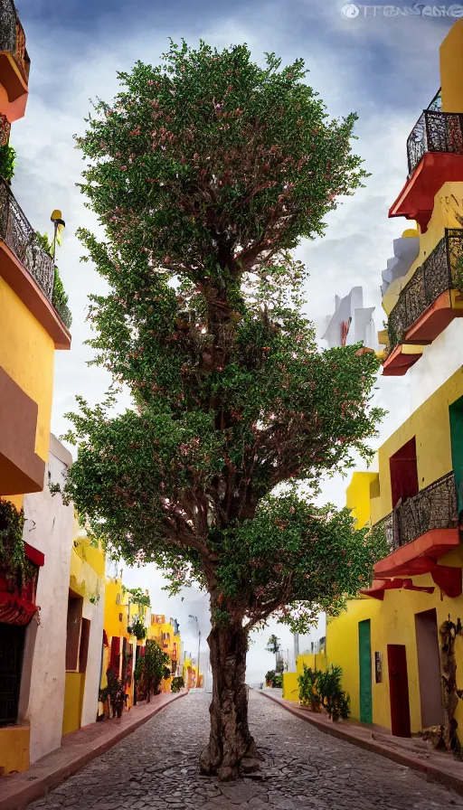 Image similar to tree of life, mexican city street, fantasy, 8k