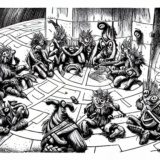 Image similar to black and white illustration by erol otus the pack of kobolds is crouched in a circle.