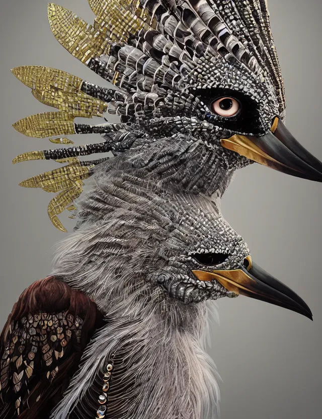 Image similar to 3 d goddess close - up profile portrait with feathers, fur, and bones wearing a beautiful intricately detailed kookaburra mask and retrowave sorceress outfit. lizard scales, reflective chitin, optical mineralogy, songlines, plasma, creature, artwork by tooth wu and android jones wlop and android jones and beeple and greg rutkowski