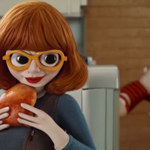 Image similar to hyperrealistic emma stone caricature surrounded by big fat frankfurter sausages by bob byerley and aardman animation, mascot, target reticles