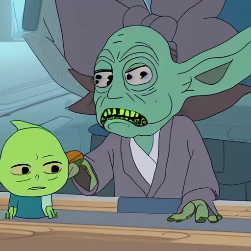 Image similar to Baby Yoda meets Rick Sanchez in Rick and morty digital art 4k detailed super realistic