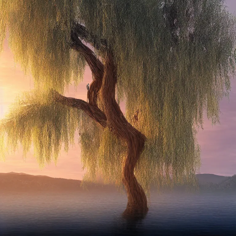 Prompt: featured on artstation majestic willow tree overlooking swirling river at sunset, beautiful image stylized digital art