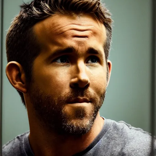 Image similar to photo of Ryan Reynolds in jail, looking sad, highly detailed, high quality, HD, 4k, 8k, Canon 300mm, professional photographer, 40mp, lifelike, top-rated, award winning, realistic, sharp, no blur, edited, corrected, trending