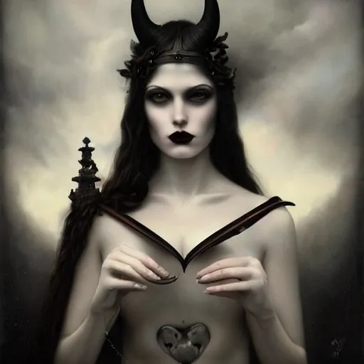 Prompt: By Tom Bagshaw, ultra realist soft painting of carnival curiosities by night, very beautiful single female gothic fully dressed, horns, symmetry accurate features, very intricate details, ominous sky, black and white, volumetric light clouds