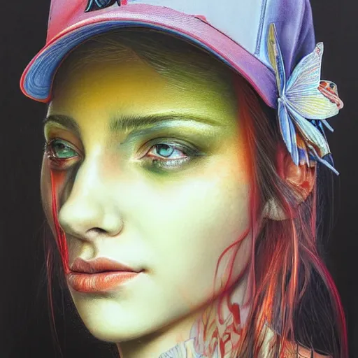 Prompt: beautiful portrait of a cyberpunk female, neon orange baseball cap by Marco Mazzoni and Hannah Yata