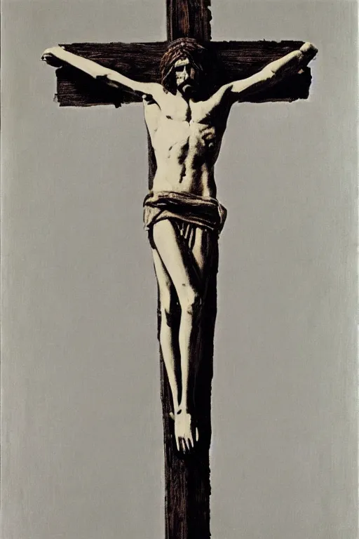 Image similar to jesus christ crucified painted by cy twombly and andy warhol