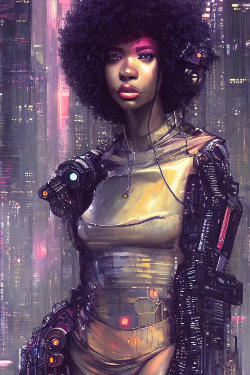 Image similar to a beautiful young black woman, cyberpunk, blade runner city background, anime, highly detailed, artstation, illustration, art by gustav klimt