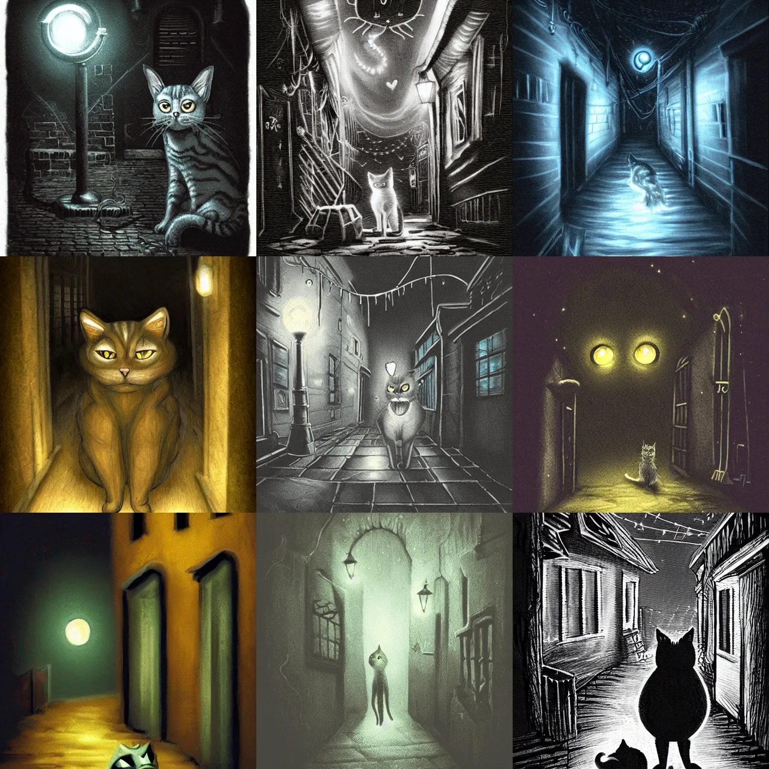 Prompt: a lovecraftian cat at night in a dark alley, uplight